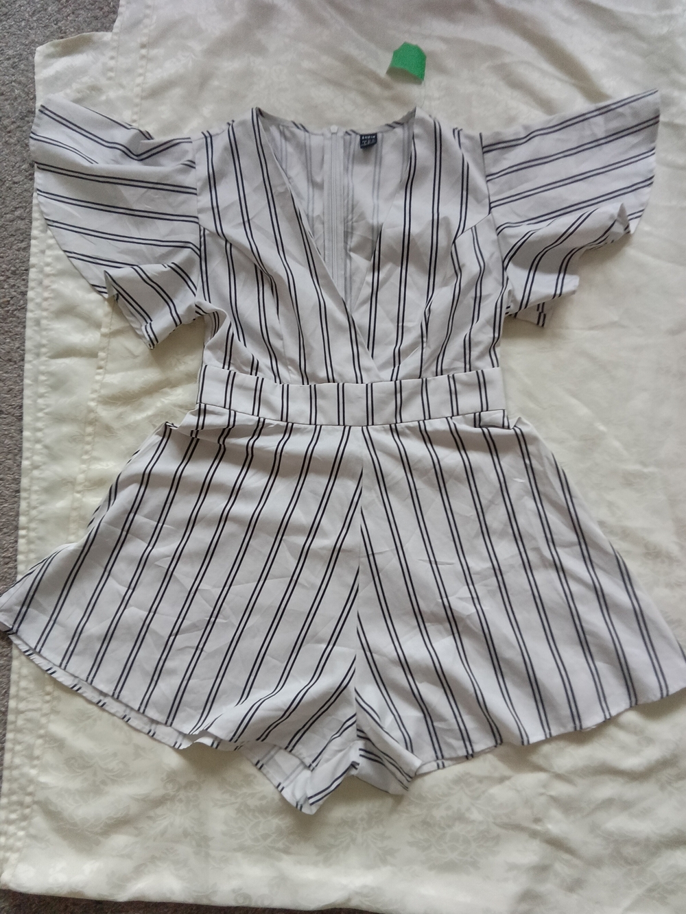 SHEIN White Romper with Black Vertical Stripes